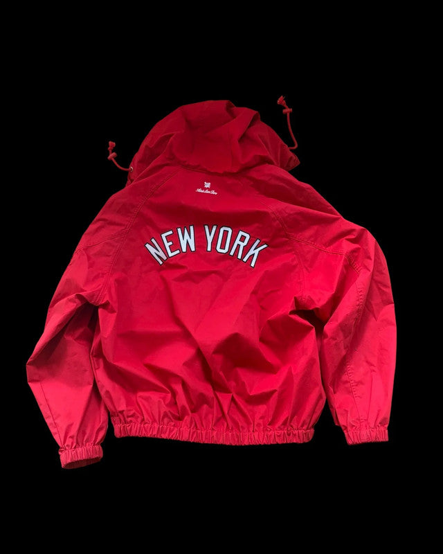 Aime Leon Dore red zip-up jacket with Yankees logo, very rare vintage style.
