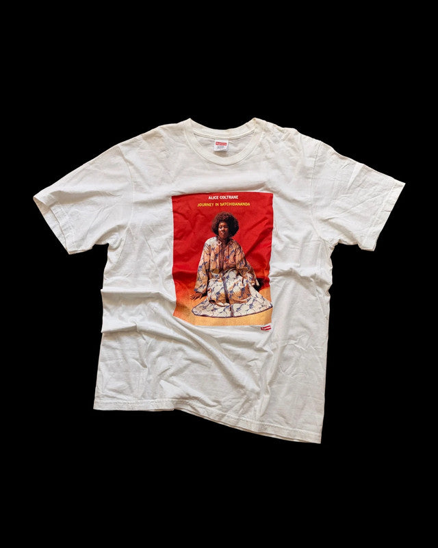 Supreme white graphic tee featuring Satchidananda album artwork by Alice Coltrane.