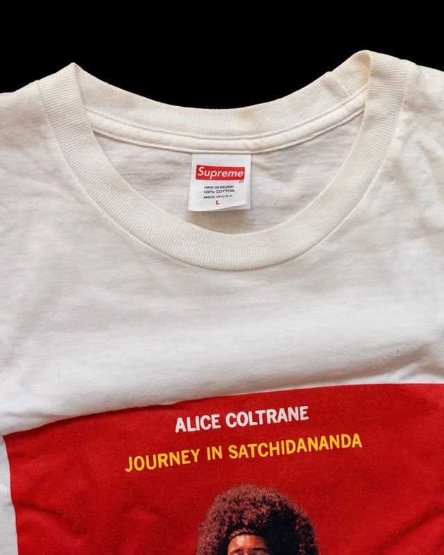 Supreme white graphic tee featuring Satchidananda album artwork by Alice Coltrane.