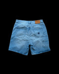 Aime Leon Dore blue denim shorts featuring New York Yankees logo and distressed details.