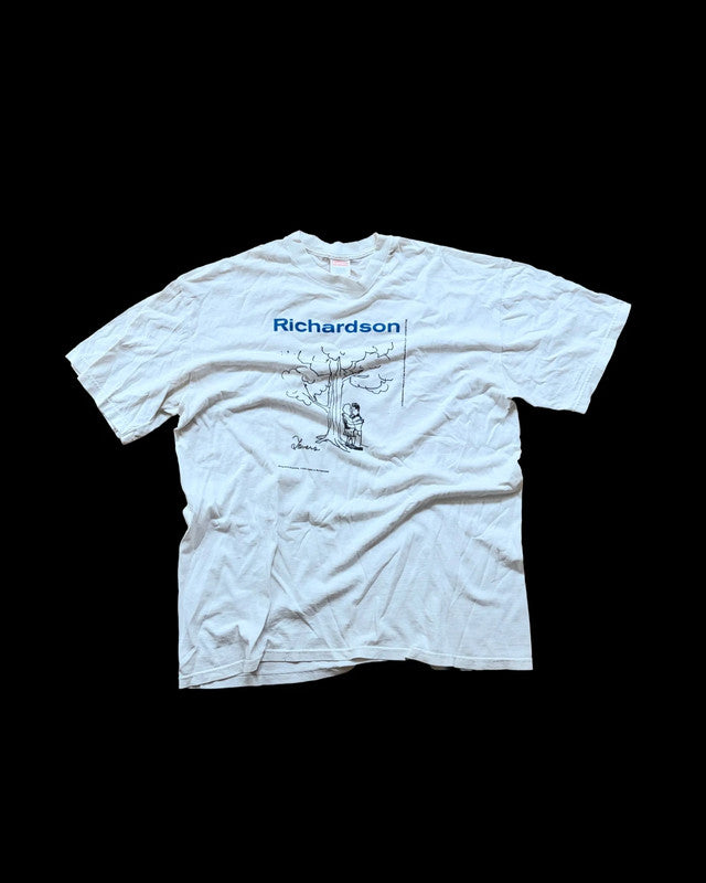 Supreme white graphic tee featuring original Richardson print, size XL, rare collectible.