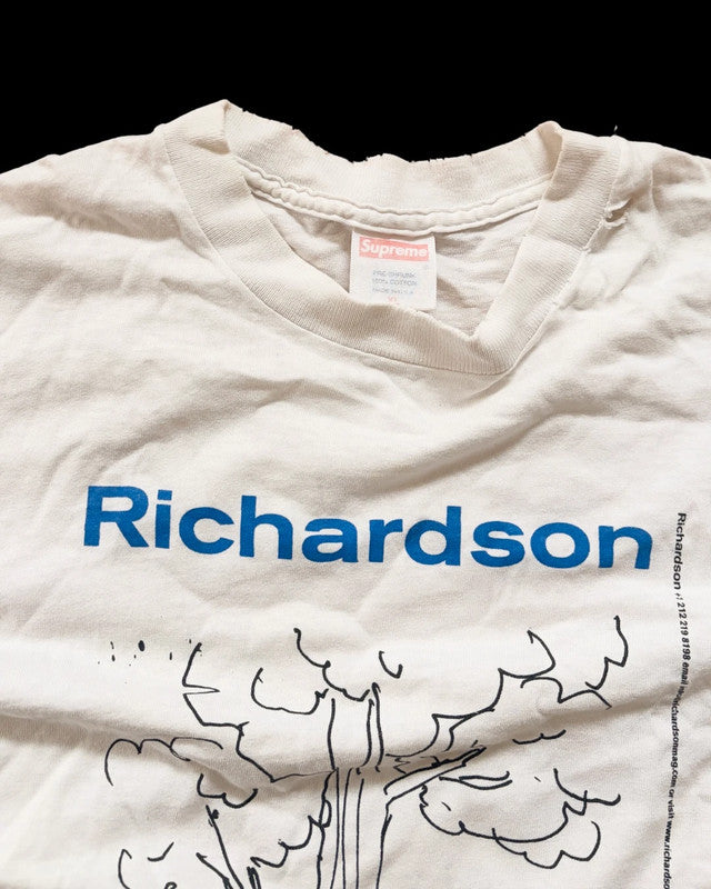 Supreme white graphic tee featuring original Richardson print, size XL, rare collectible.