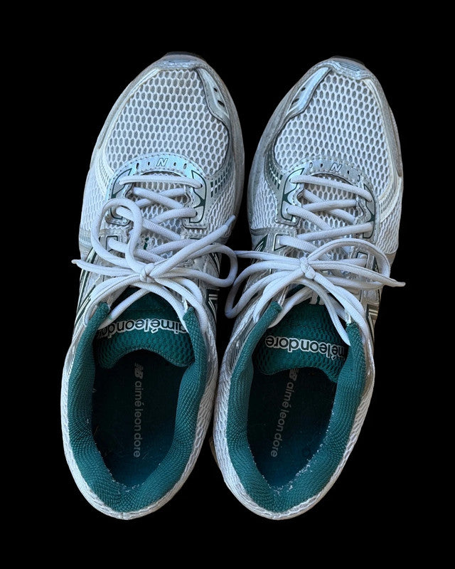 Aime Leon Dore x New Balance green and white 860v2 sneakers logo pattern