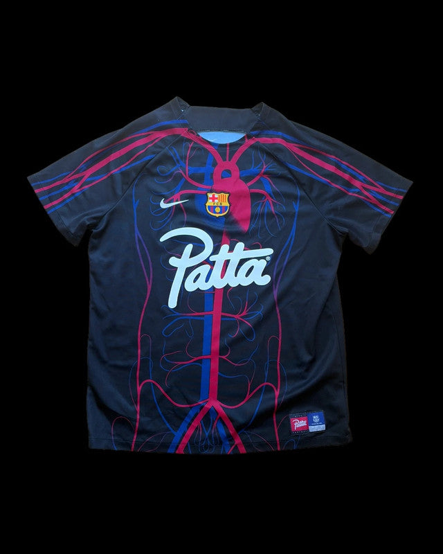 Nike black pre-match jersey for FC Barcelona, Patta collaboration logo