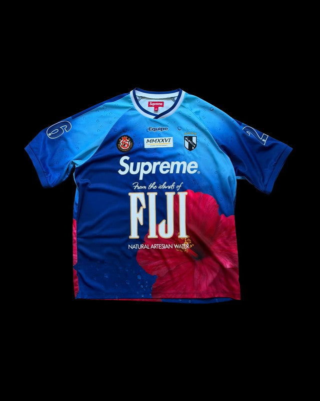 Supreme blue soccer jersey Fiji water logo pattern silk screen print