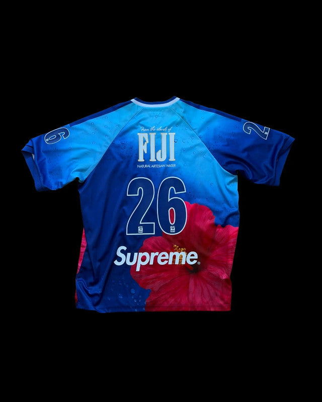 Supreme blue soccer jersey Fiji water logo pattern silk screen print