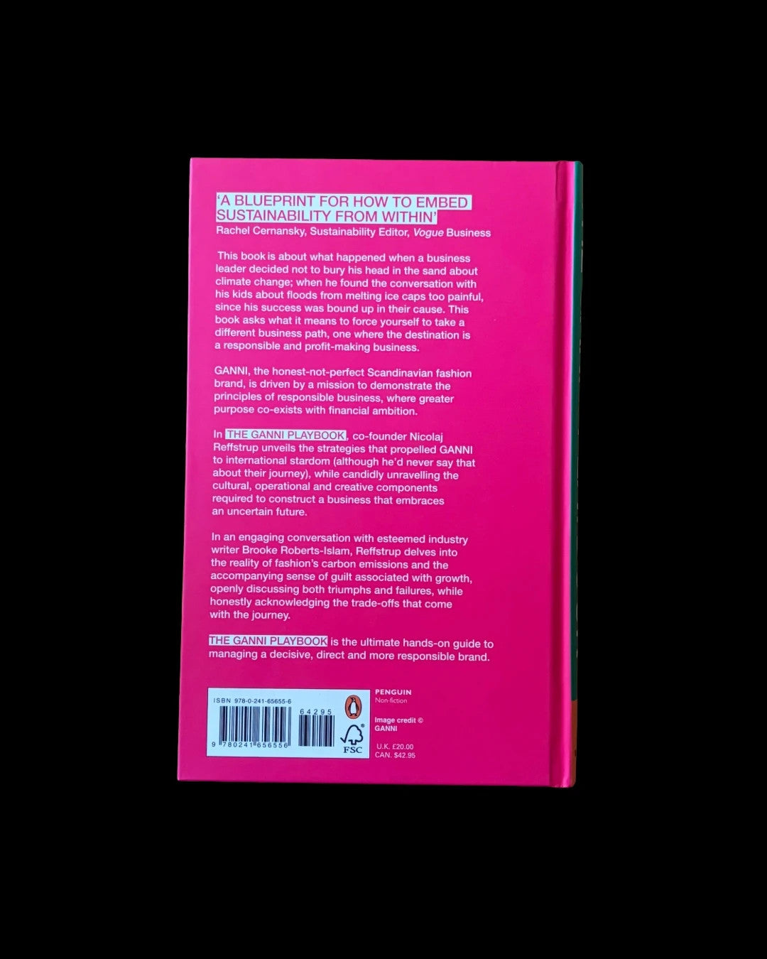Ganni hardcover book with colorful cover design and stylish typography on responsible business.